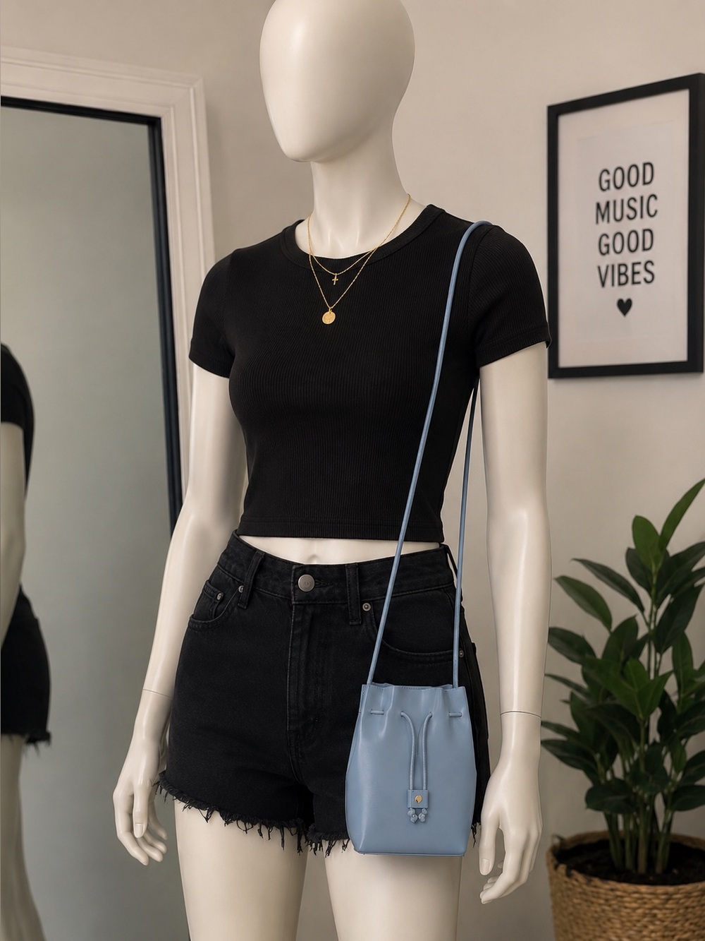 Miniso Dusty Blue Mini Bucket Crossbody Bag Minimalist Faux Leather